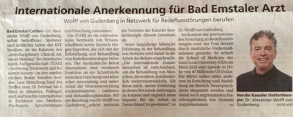 HNA-Artikel Alexander Wolff von Gudenberg wird in den Beirat der Fachgesellschaft STARS berufen